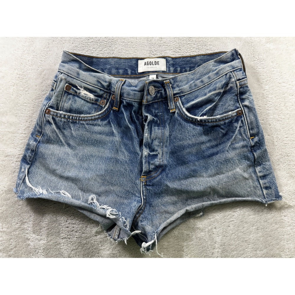 AGOLDE Womens Parker Distressed Cut Off Blue Denim Shorts 24 Meas: 26x2